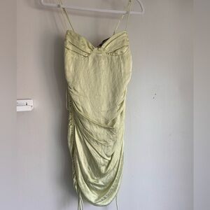 NWT Zara Satin Dress Womens Medium Green V Neck Ruched Sides Bodycon